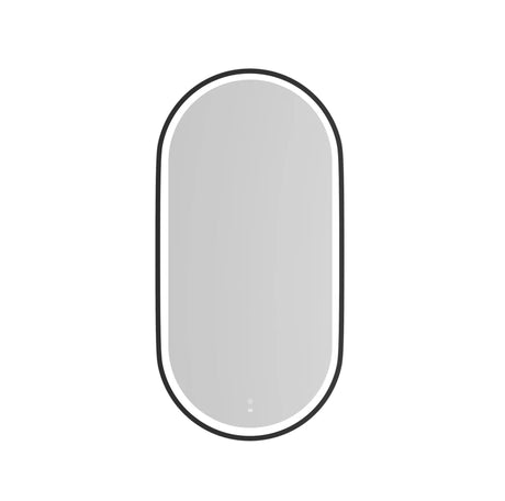 oval mirror with a black frame on a white background