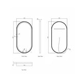 Technical drawing of a oval object with dimensions labeled