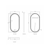 Technical drawing of a oval object with dimensions labeled