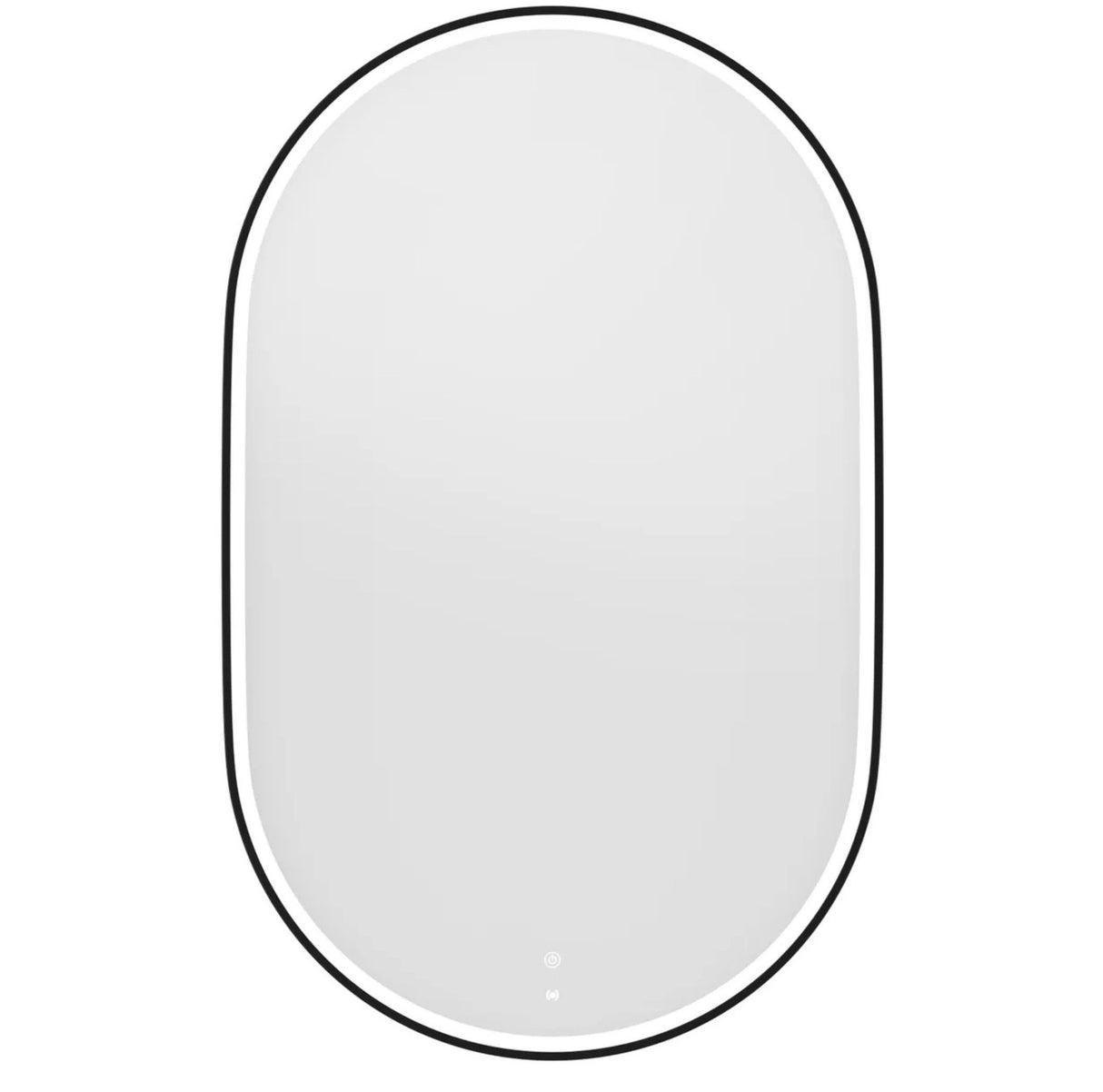 Oval mirror with a black frame on a white background