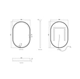 Technical drawing of a oval mirror with dimensions labeled