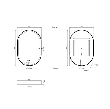 Technical drawing of a oval mirror with dimensions labeled