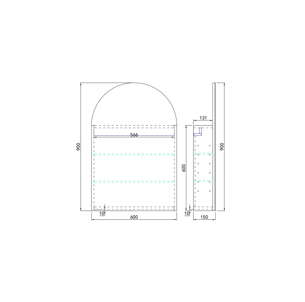 Technical drawing of an arch 600mm shaving cabinet with dimensions