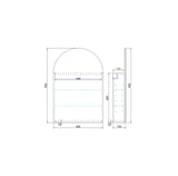 Technical drawing of an arch 600mm shaving cabinet with dimensions