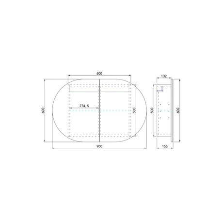 drawing of led 900mm shaving cabinet