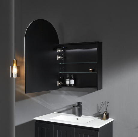 Bathroom setup with a black cabinet, mirror, and sink against a gray wall.