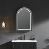 Bathroom vanity with arch-shaped mirror and pendant light