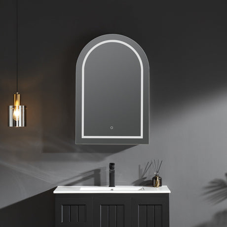 Bathroom vanity with arch-shaped mirror and pendant light