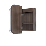 A wall-mounted bathroom cabinet in a dark brown wood finish, shown with the left door swung open to reveal an interior shelf and silver hinges, set against a plain white background.
