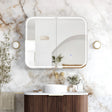 Bathroom interior with a vanity, mirror, and decorative elements on a marble wall.