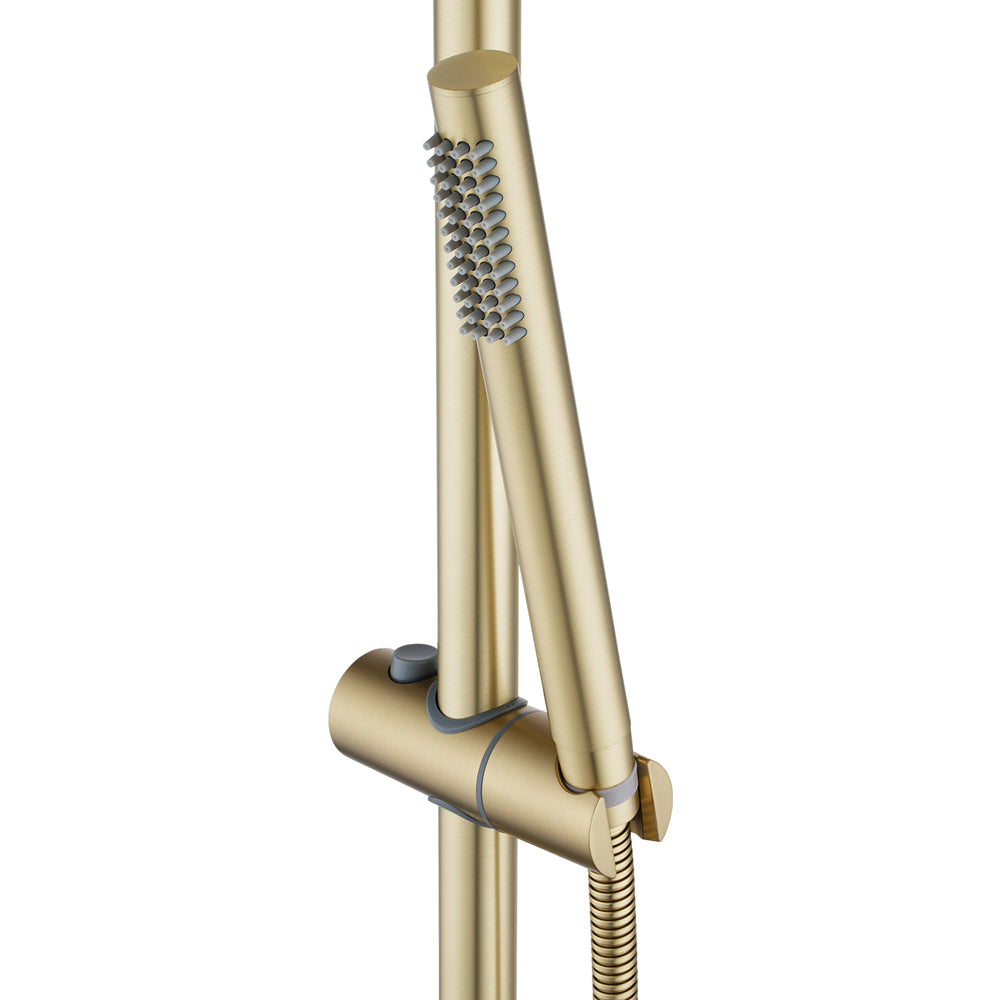 light brushed brass shower rail with handheld shower