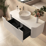 linley 1200mm white wall hung vanity top view open drawer