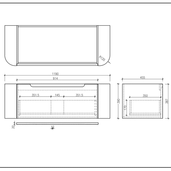 linley 1200mm white wall hung vanity drawing