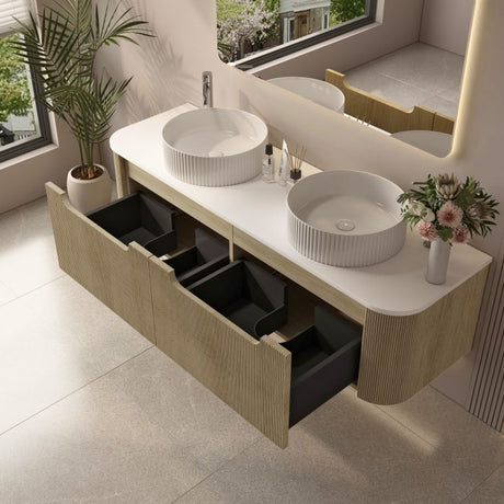 Bathroom vanity with two round sinks, open drawers, and a plant in the background.