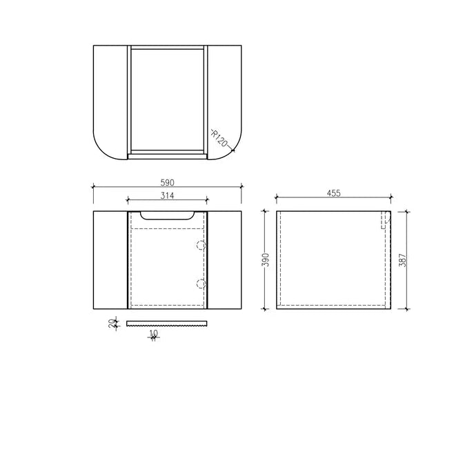 Technical drawing of a bathroom vanity with dimensions