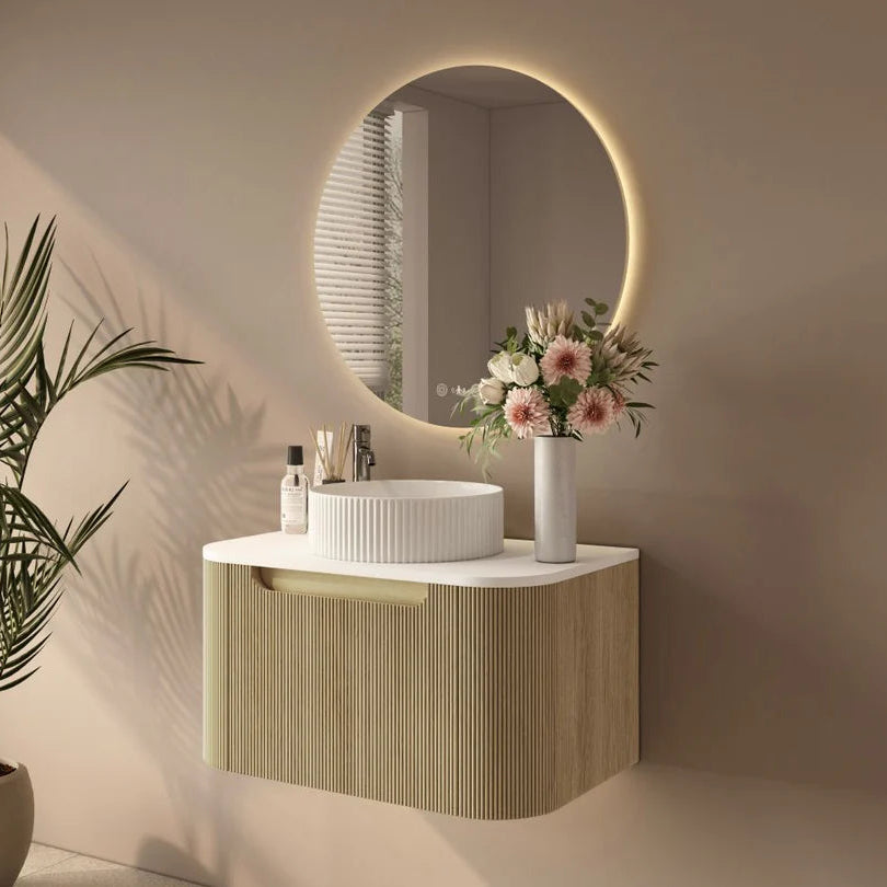 linley 750mm bur oak wall hung vanity front view side view