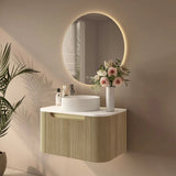 linley 750mm bur oak wall hung vanity front view side view