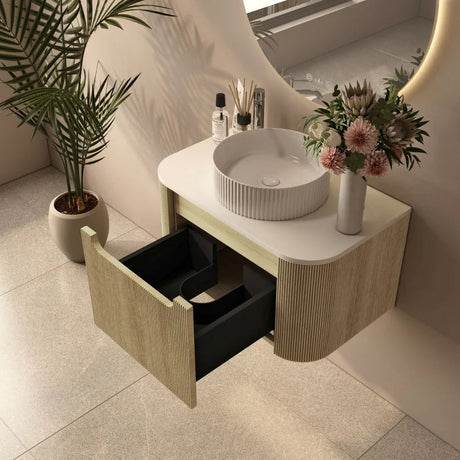 linley 750mm bur oak wall hung vanity front view open drawer