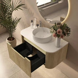 linley 900mm bur oak wall hung vanity open drawer