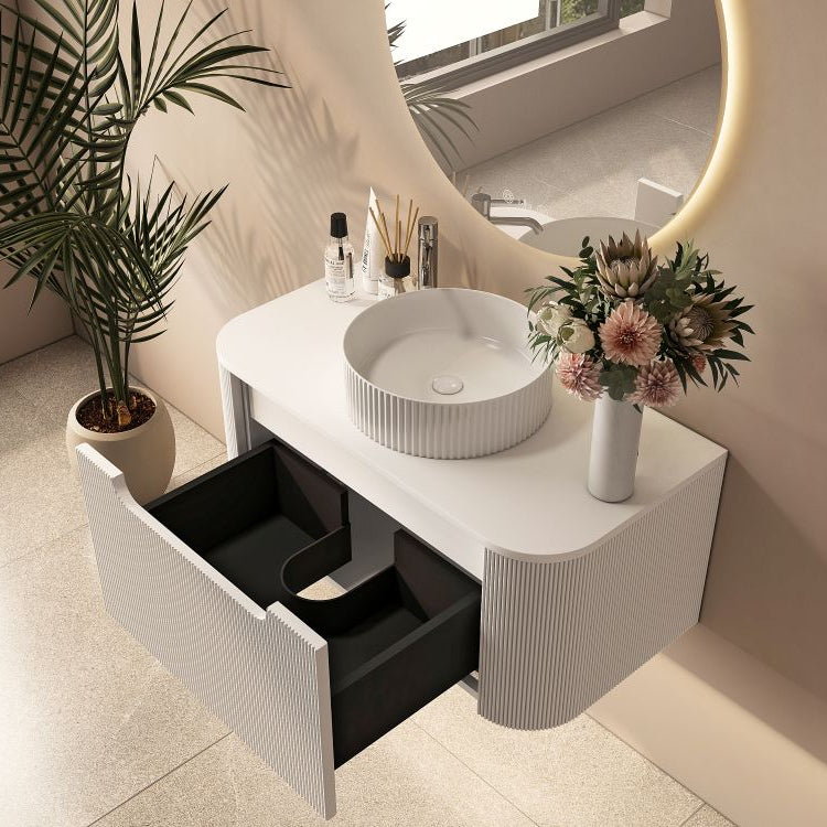 linley 900mm white wall hung vanity open drawer