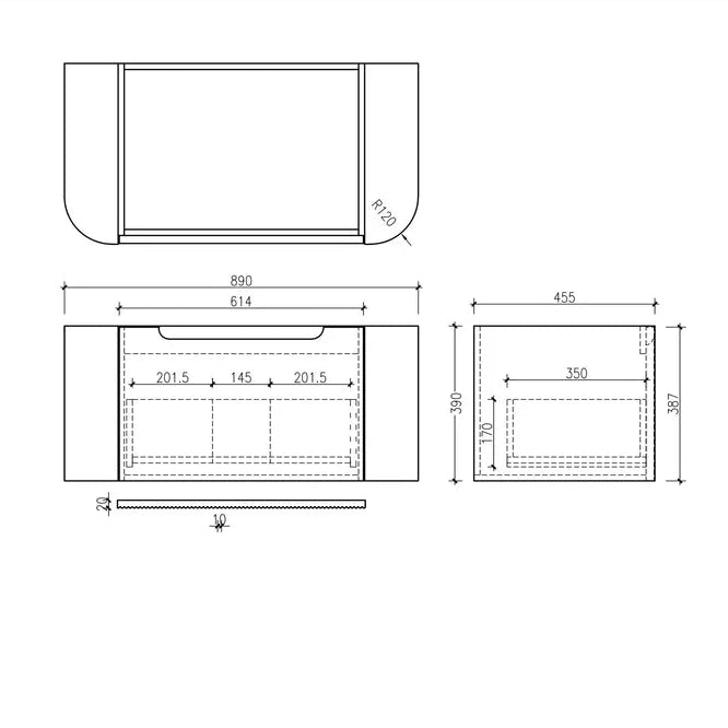 linley 900 wall hung vanity technical drawing