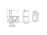 Technical dimension drawing of a toilet with front view and side profile measurements on a white background.