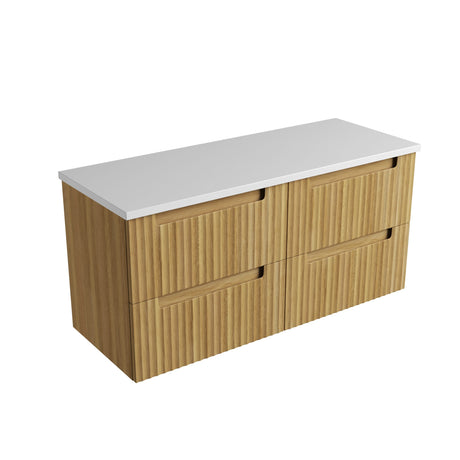 Wooden cabinet with white countertop on a white background