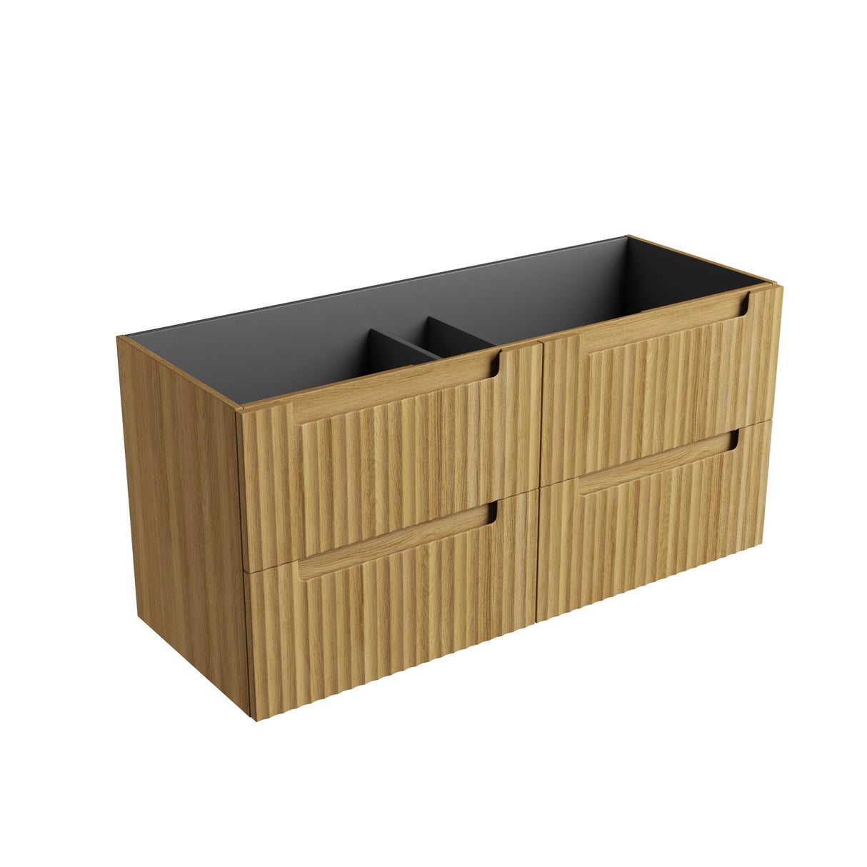 Wooden cabinet with black top on a white background