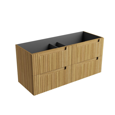 Wooden cabinet with black top on a white background