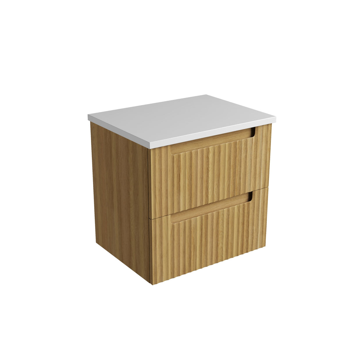Wooden cabinet with white countertop on a white background