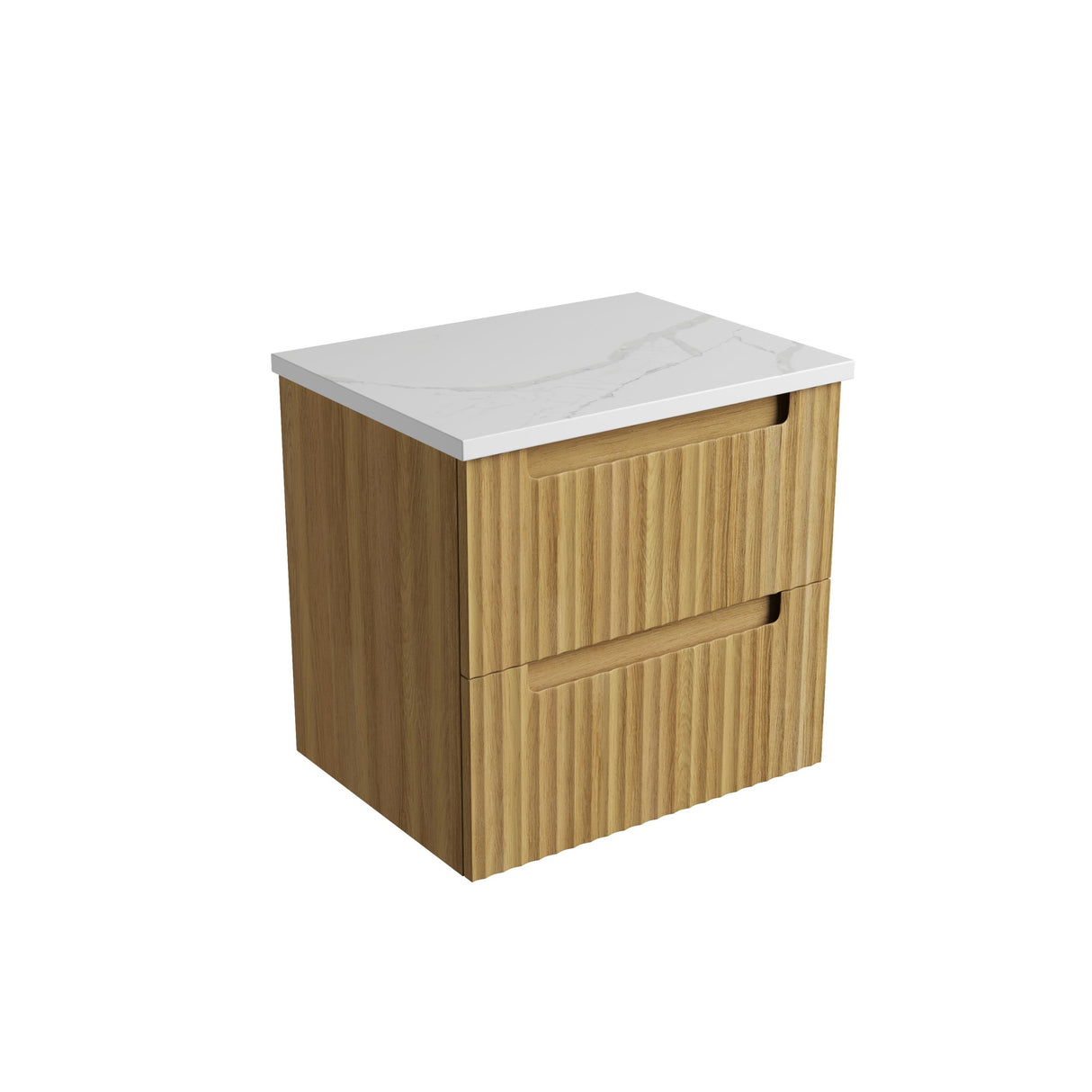 Wooden vanity unit with white countertop on a white background