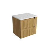 Wooden vanity unit with white countertop on a white background