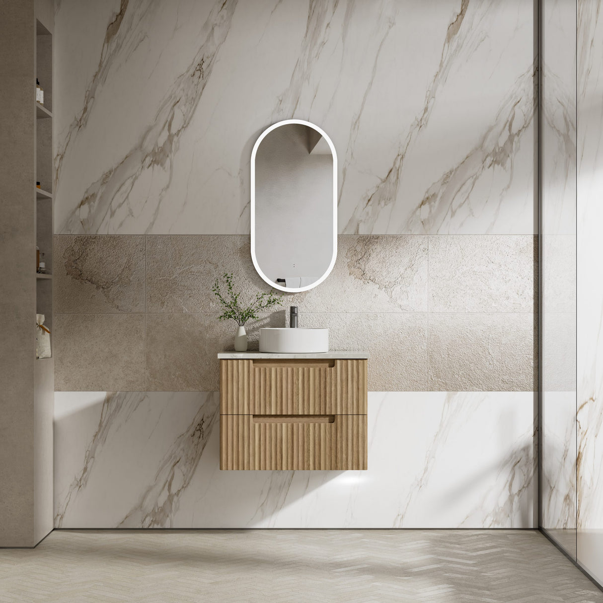 Modern bathroom with marble walls, wooden vanity, and round mirror.