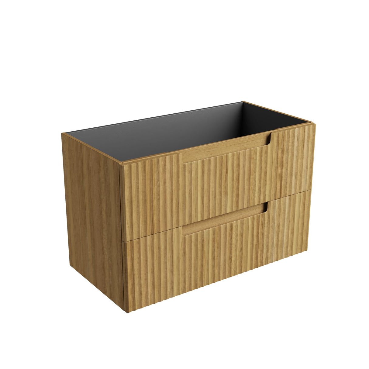 Wooden cabinet with black top on a white background