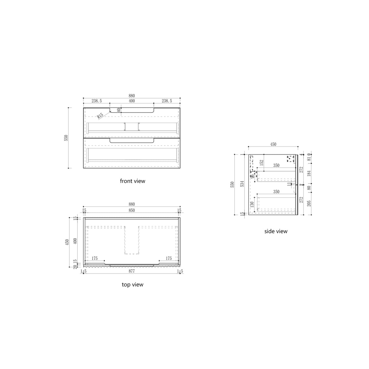 Technical drawings of a product's front, side, and top views with dimensions.