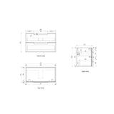 Technical drawings of a product's front, side, and top views with dimensions.