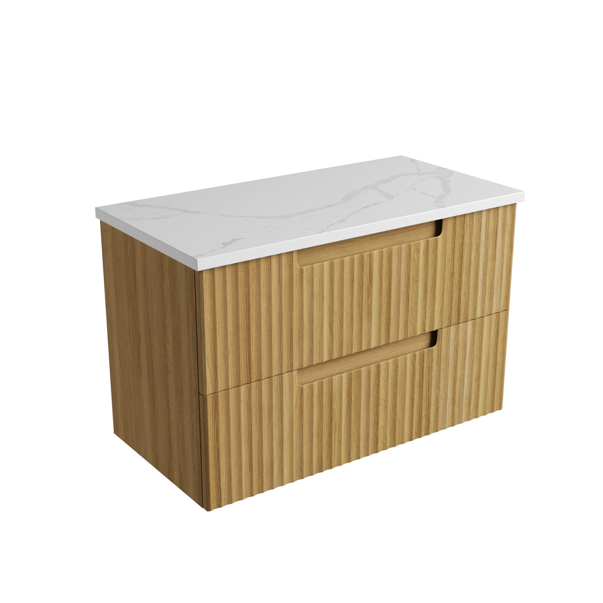 Wooden bathroom vanity with white countertop on a white background