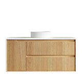 Wooden bathroom vanity with white countertop on a white background