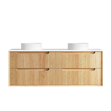 Wooden bathroom vanity with white countertop on a white background