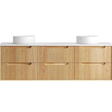 Bathroom vanity with wooden finish and white countertop
