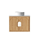 Wooden bathroom vanity with white countertop and basin on a white background