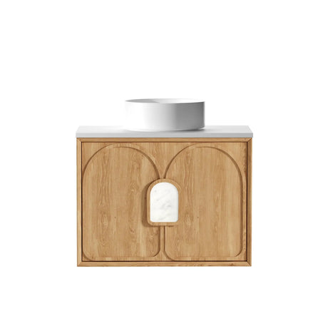 Wooden bathroom vanity with white countertop and basin on a white background