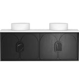 Bathroom vanity with black front panel and white countertop on a white background