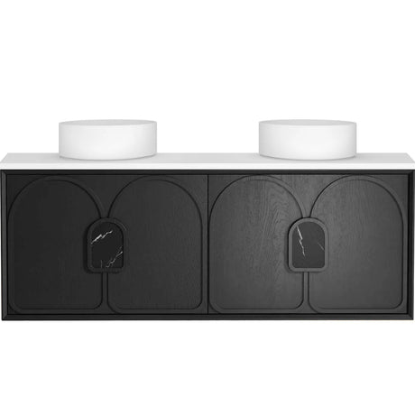 Bathroom vanity with black front panel and white countertop on a white background