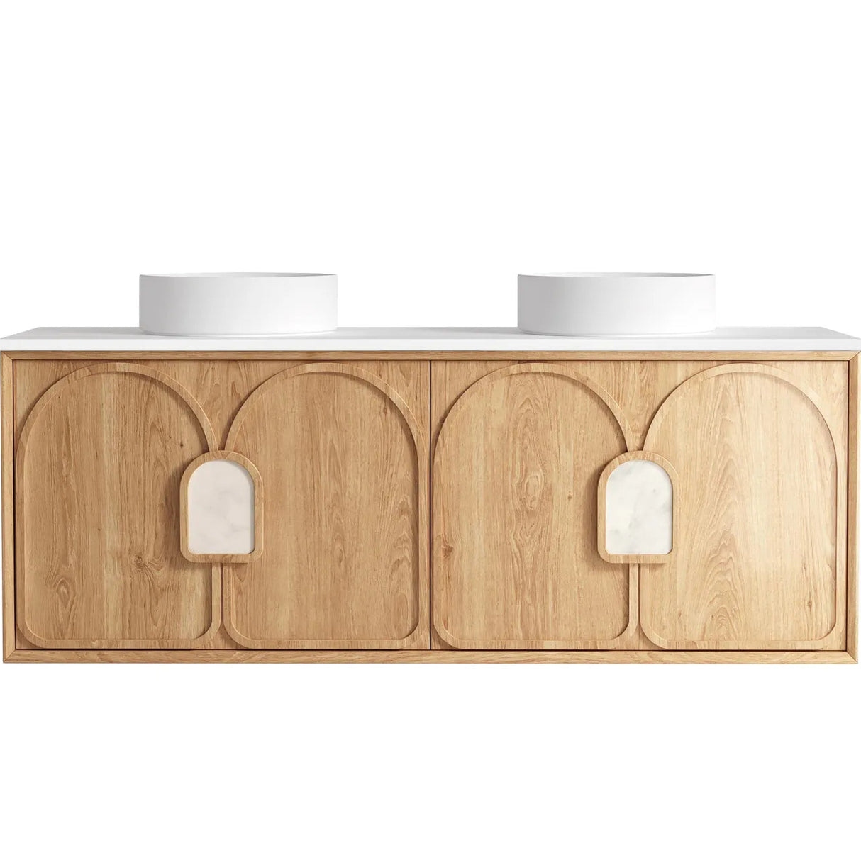Wooden bathroom vanity with white countertop and round sinks on a white background