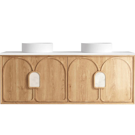 Wooden bathroom vanity with white countertop and round sinks on a white background