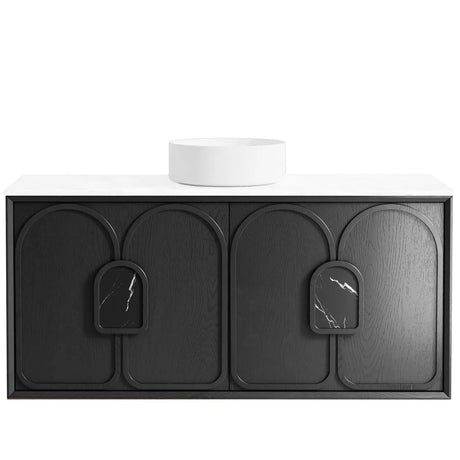 Black bathroom vanity with white countertop and round sink on a white background
