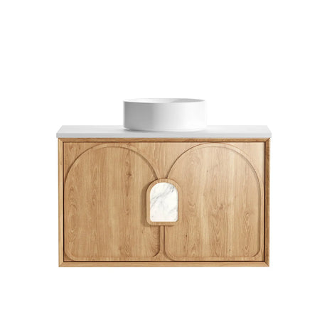 Wooden bathroom vanity with white countertop and sink on a white background