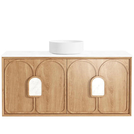 Wooden bathroom vanity with white countertop and round sink on a white background