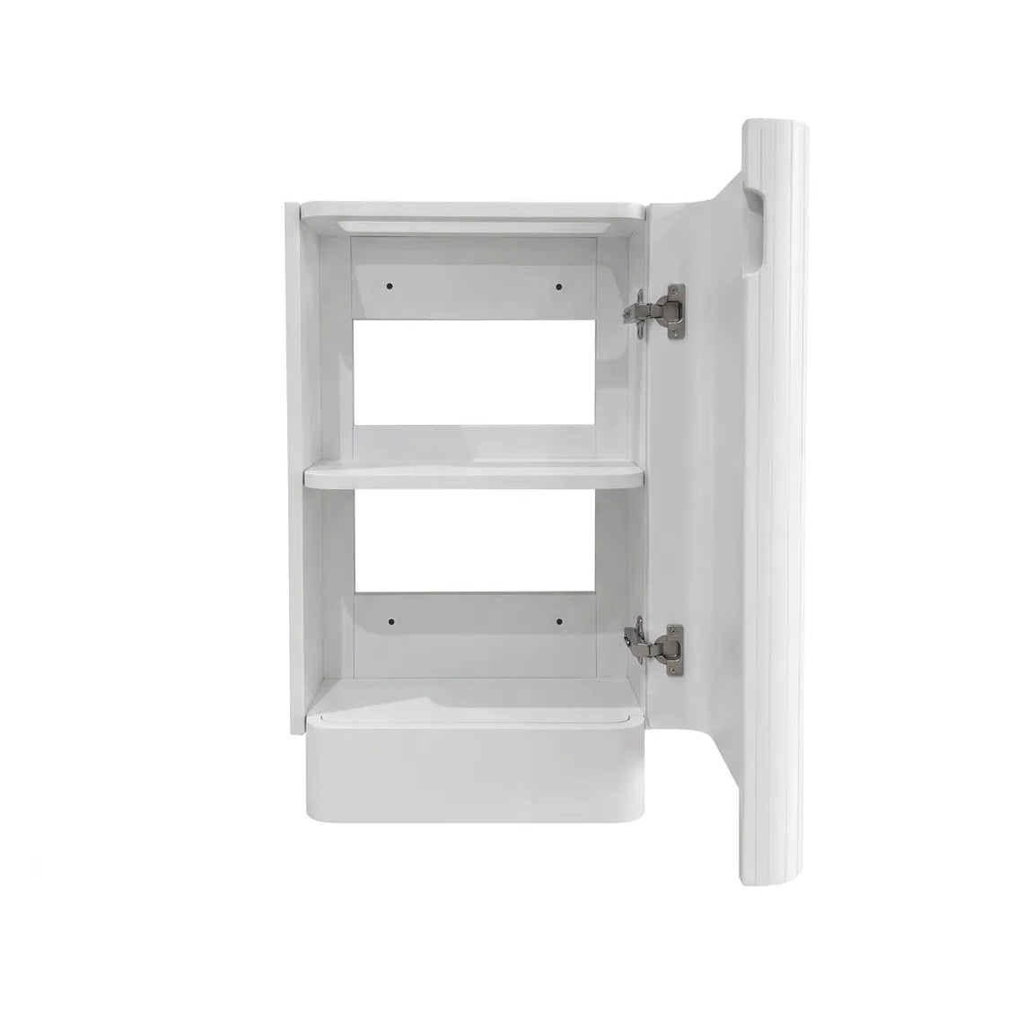 A white bathroom vanity cabinet with two shelves and an open door, shown against a plain white background.